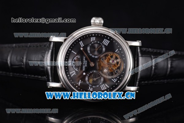 Patek Philippe Grand Complication Swiss Tourbillon Automatic Steel Case with Black Dial Black Leather Strap and Roman Numeral Markers - Click Image to Close